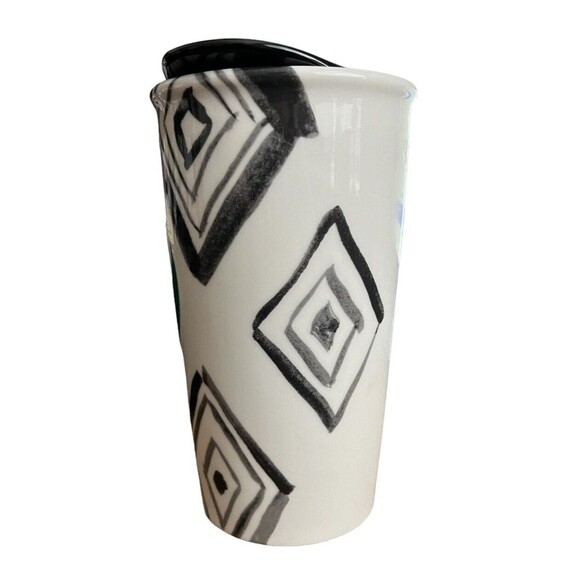 Starbucks Ceramic Tumbler Coffee Mug 2014 Green Dot Diamond 10 oz. Black Lid - Picture 2 of 7